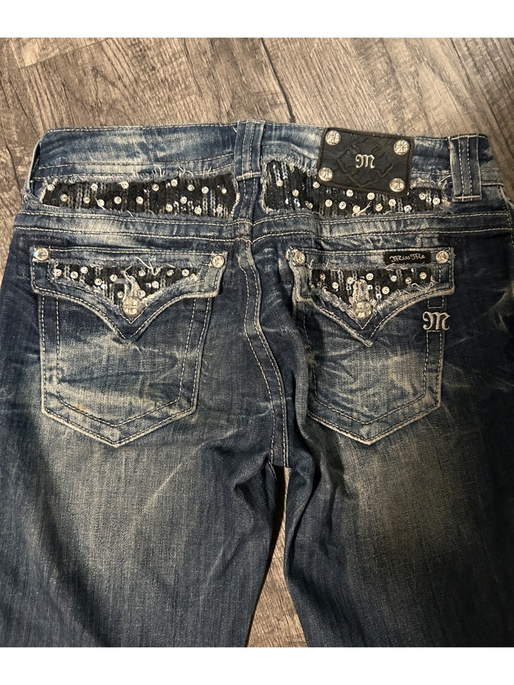 Y2K Miss Me Sequin-Embellished Blue Bootcut Jeans